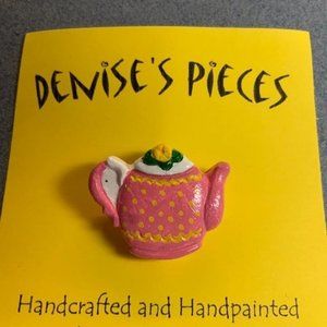 Tea Pot Pin Brooch Pink Yellow Dot Flower Green Plaster Handmade Hand Painted